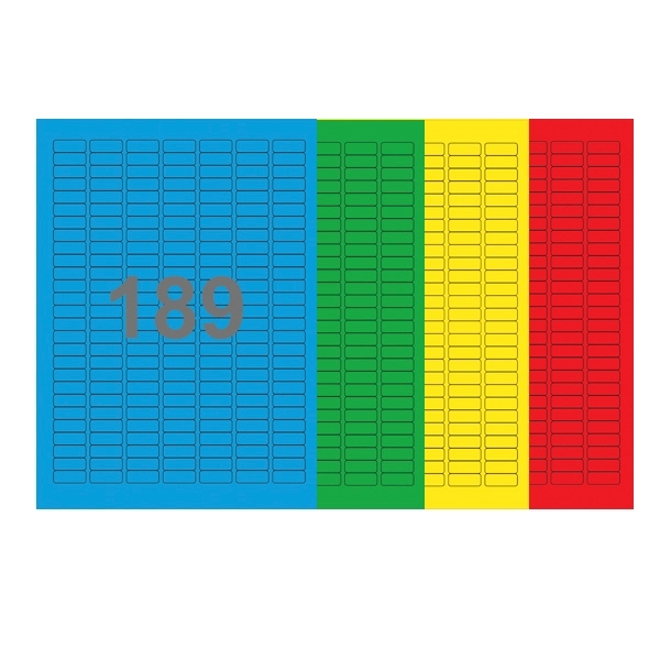A4-189, 189 Udstansede etiketter/ark, 25,4 x 10,0 mm, (blå, grøn, gul eller rød) 100 ark
